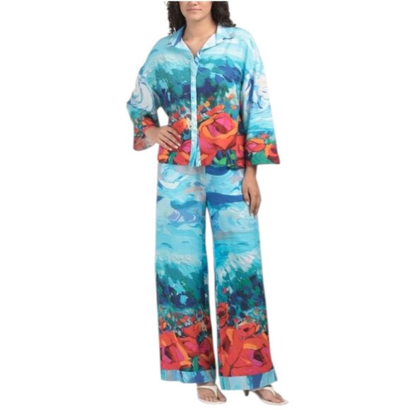 CELINA MOON Pants - CELINA MOON Printed Button Down Top And Pants Set